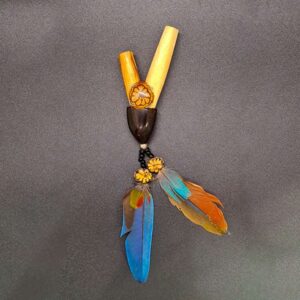 KURIPE of PALO SANTO or PALO ROSA - Handmade with Ayahuasca, Pona, Turquoise and Feathers, Special Item for Rapé Applicator.