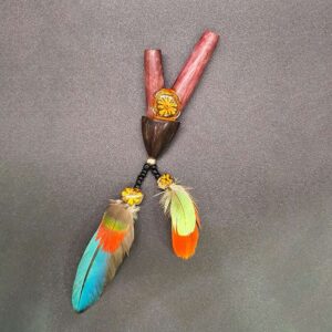KURIPE of PALO SANTO or PALO ROSA - Handmade with Ayahuasca, Pona, Turquoise and Feathers, Special Item for Rapé Applicator.